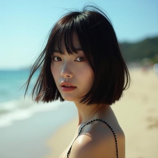 Young Japanese woman with dark, straight bob hair on a sunny beach. Hair has no waves and is unaffected by wind. Expression is angry.
