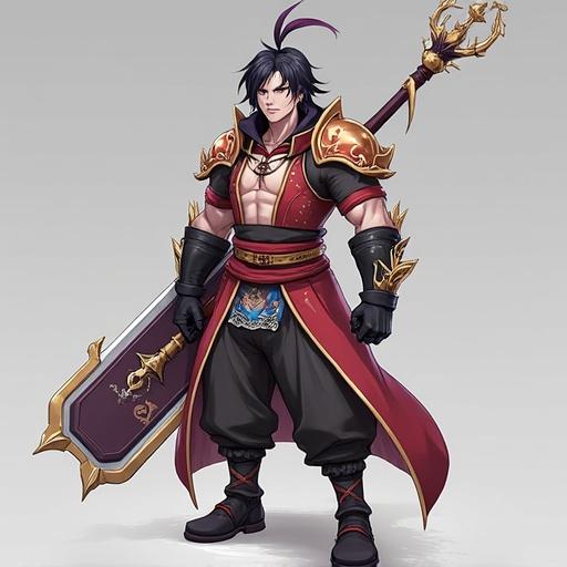 Detailed illustration of a muscular fantasy warrior character. Character wears red and black elaborate armor. He holds a large ornate sword. Exudes strength and confidence. Background is simple and grey to highlight character design.
