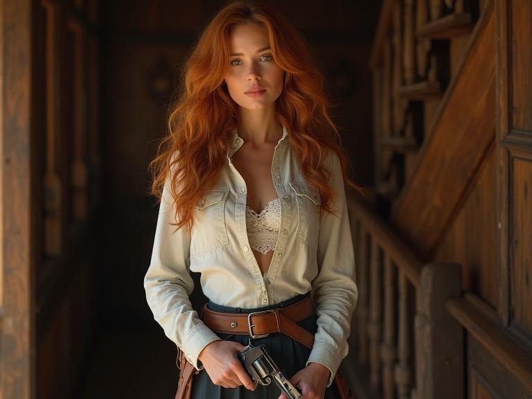 High-quality cinematography showcases a confident woman in a wooden interior. She has long wavy auburn hair and holds a revolver. Her outfit features a light-colored button-up blouse and a wide leather belt. The background includes wooden paneling and an ornate staircase. The lighting is warm, creating soft shadows.