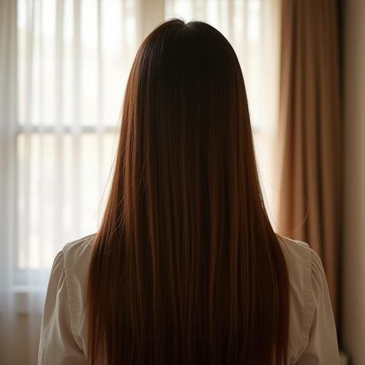 Back of a person with beautiful Japanese straight hair. Well-lit room with soft natural light.