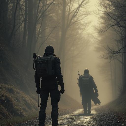 Two figures walking in a foggy landscape. They carry backpacks and appear contemplative. A sense of mystery and anticipation is created.