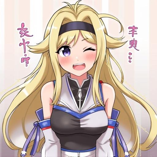 Illustration of a cheerful female character with long blonde hair. She has a playful wink and is dressed in a stylized outfit. Bright and colorful background enhances the joyful theme.