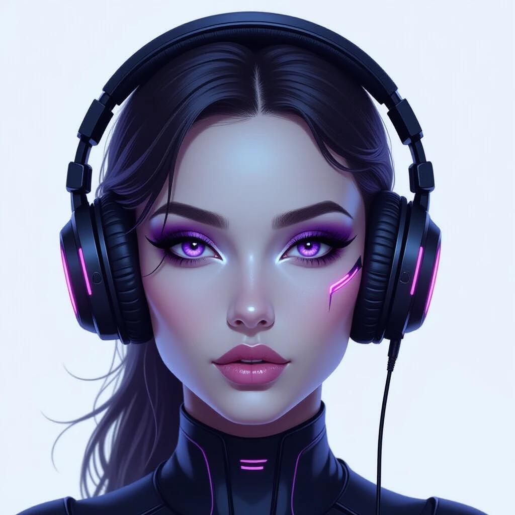 Digital illustration featuring a futuristic figure with glowing purple eyes and large black headphones. Sleek metallic texture with glossy finish.