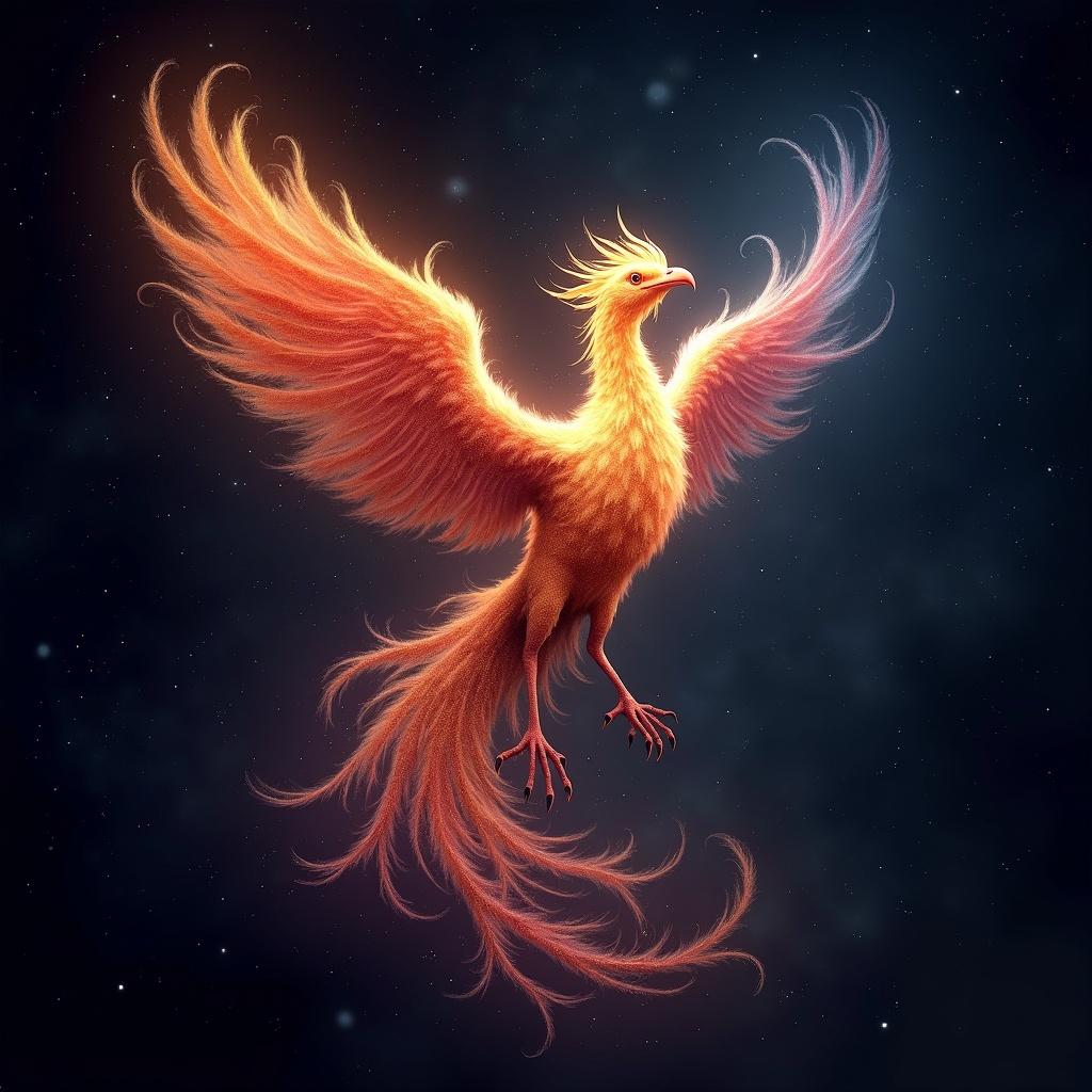 Celestial phoenix with stardust feathers and colorful nebulae. Transparent body with a chrome of nebula colors. Rising from collapsed galaxy ashes.