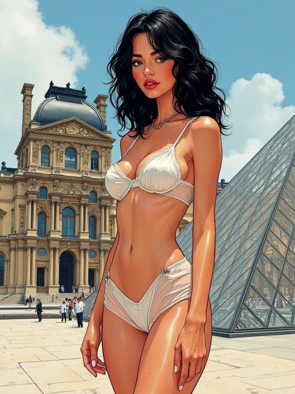 Modern comic illustration features a short woman in transparent shorts at the Louvre. She has red glossy lips and wavy black hair. The background includes detailed architecture of the museum.