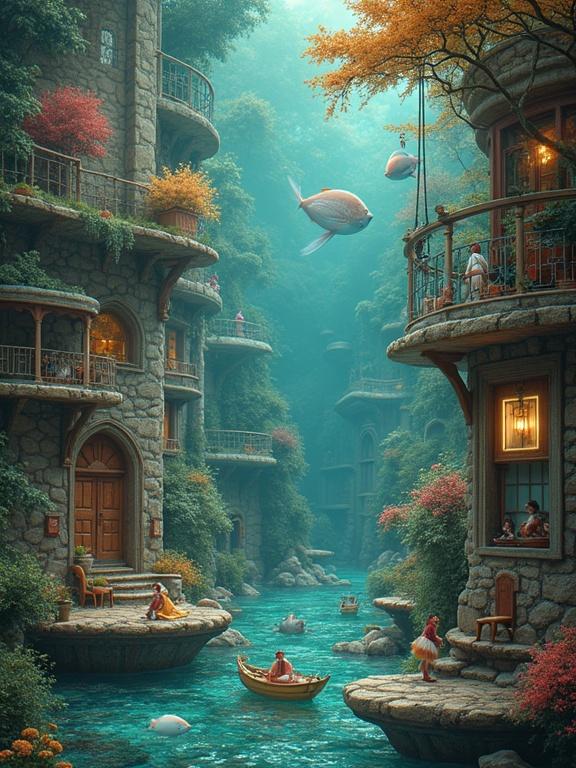Surreal art scene full of water and fish. Commedia dell'Arte characters amid dreamlike backgrounds. Use vibrant colors and intricate details. Include distorted architectures for surreal atmosphere. Digital techniques for depth and luminosity. High detailed.