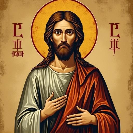 The image features an ancient or classical art style influenced by religious iconography. Earthy tones and flat colors robustly depict a figure reminiscent of Byzantine or early Christian art. The stylization emphasizes facial features and symbolic gestures, creating a sense of spirituality and reverence. It represents a blend of ancient aesthetics with contemporary artistic interpretation.