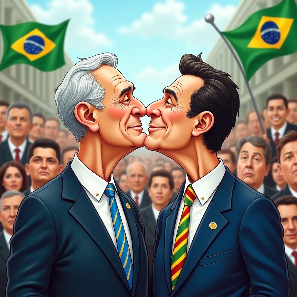 The image is a vibrant political cartoon depicting two caricatured politicians, Lula and Bolsonaro, playfully sharing a kiss. It captures the essence of their political rivalry with a humorous and light-hearted approach. The backdrop is filled with a lively crowd of supporters, and Brazilian flags are prominently displayed, waving in the air. Both politicians are illustrated in formal suits, which contrasts nicely with their playful interaction. This scene is rich with satire, reflecting the dynamic political landscape of Brazil.