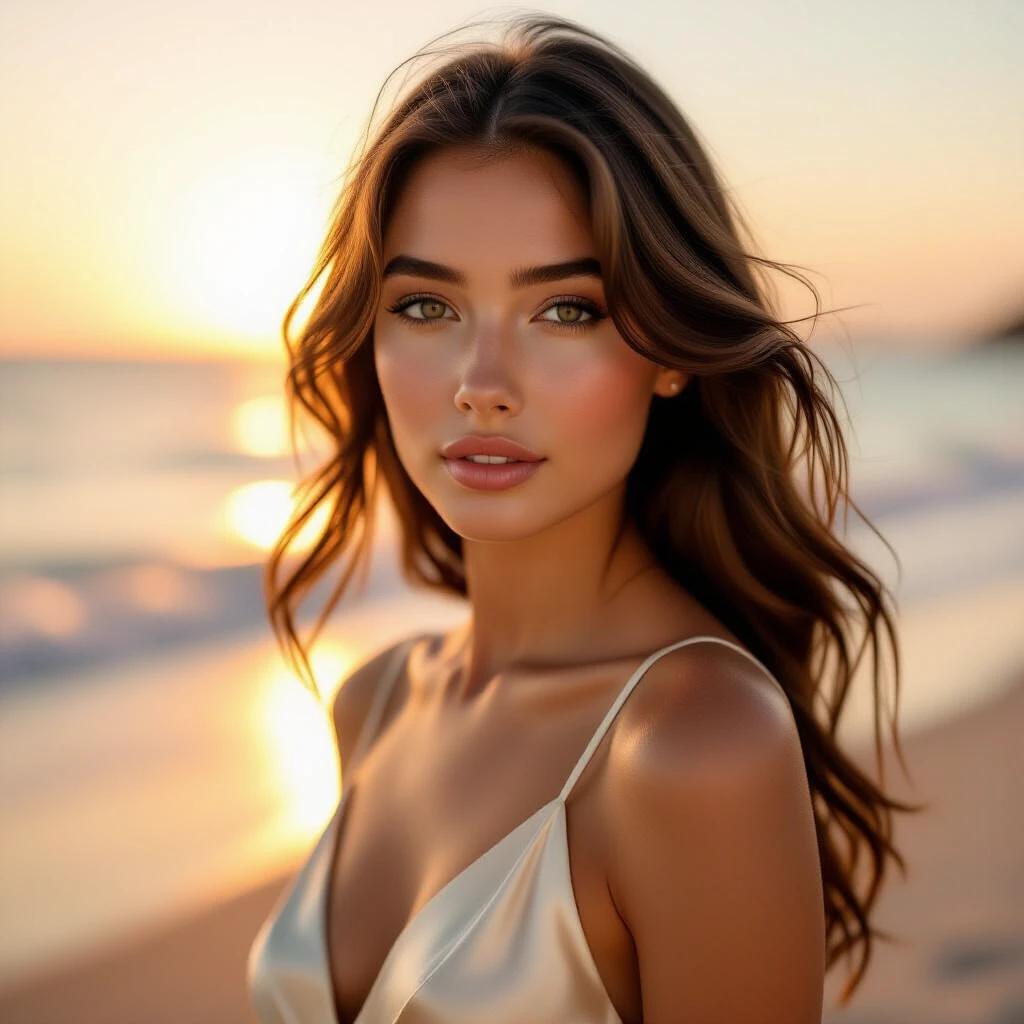 Cinematic close-up of a young woman on the beach. She has long flowing hair. Wearing a cream satin dress. The background features a serene beach at sunset. The camera focuses on skin glow and fabric texture. Warm golden sun reflects on ocean waves. Soft bokeh and lens flare effects present. Captured in ultra-realistic detail. Elegant dreamy atmosphere.