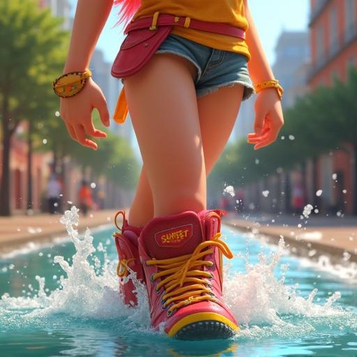 Sunset Shimmer splashing water in fountains. Human girl with red and yellow hair. Wearing red and yellow shirt and denim shorts. Closeup of shiny knee-high boots in water.