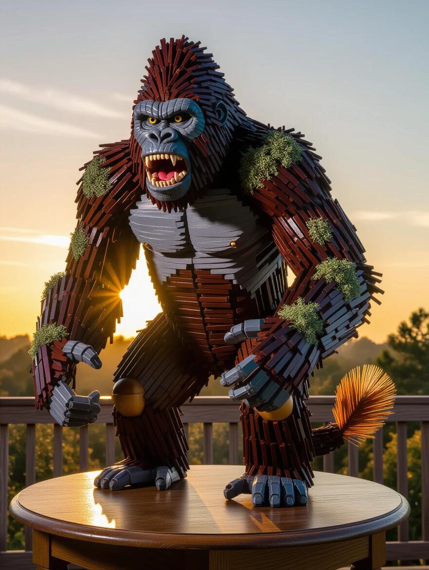 Photorealistic sculpture of a gorilla made from toothpicks and wood. Textured surfaces show rough wood grain and lichen. Stands on an oak table. Tail of pine needles and eyes of polished acorn caps. Dappled sunset highlights create a visually striking scene.
