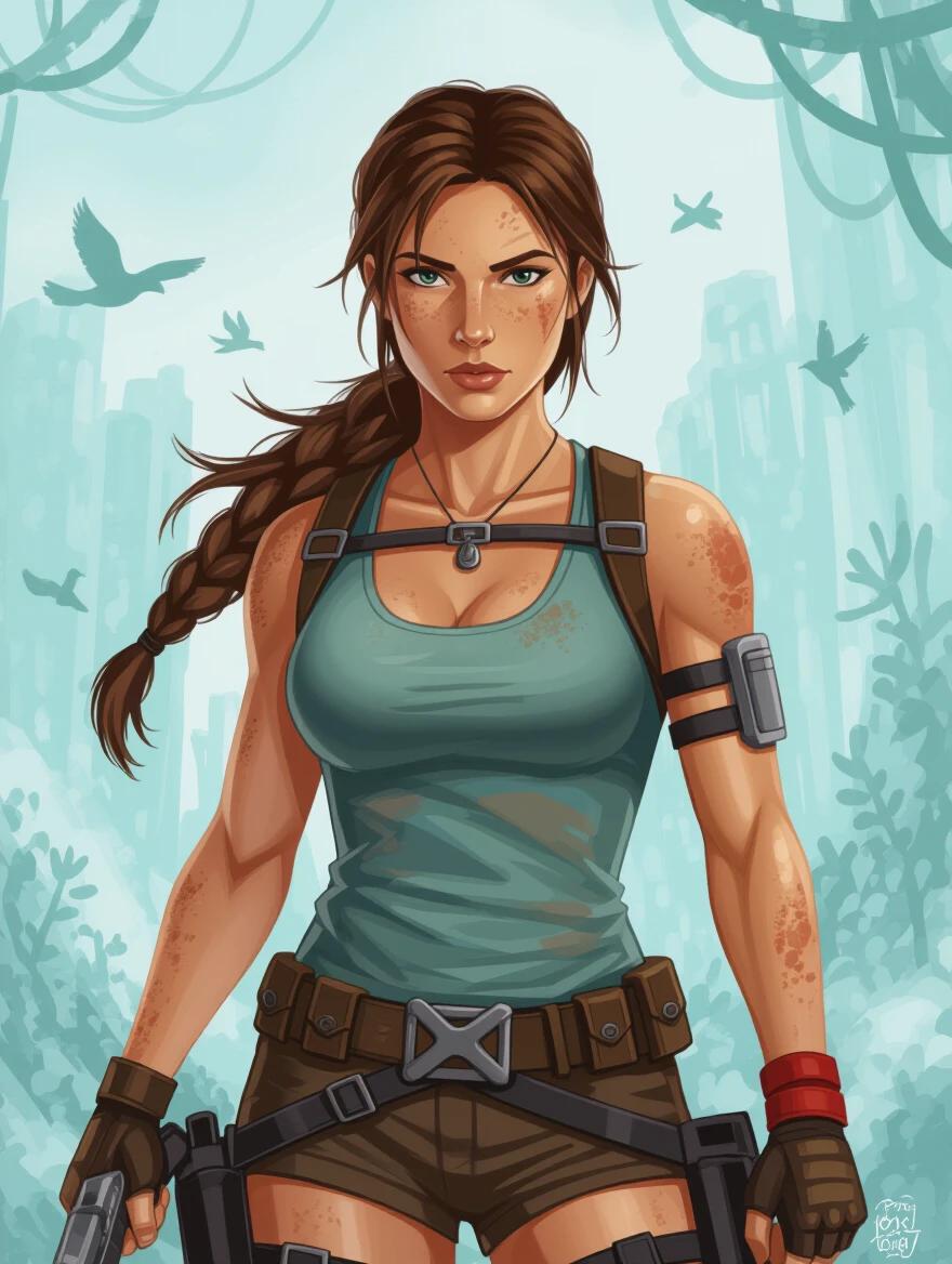 Female adventurer inspired by classic video game characters. Confident stance showcasing strength. Surrounded by nature with remnants of civilization. Tropical wilderness setting with a blend of modern and ancient elements.