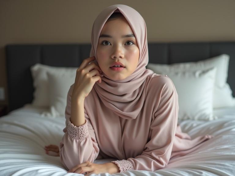 Gorgeous girl wearing hijab and pajamas lying on the bed. She has striking features. Soft, natural light highlights her expression.