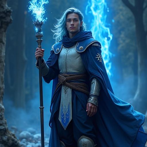 A young man stands in a dim forest. Hair shifts between ash-blue and black. Wears light armor called Guardia Blue over a robe with azure flame embroidery. Cloak has deep navy lining. Holds a tall staff named Rumble Flare with blue orbs and swirling flames. Behind him, a pillar of blue flames spirals upward.
