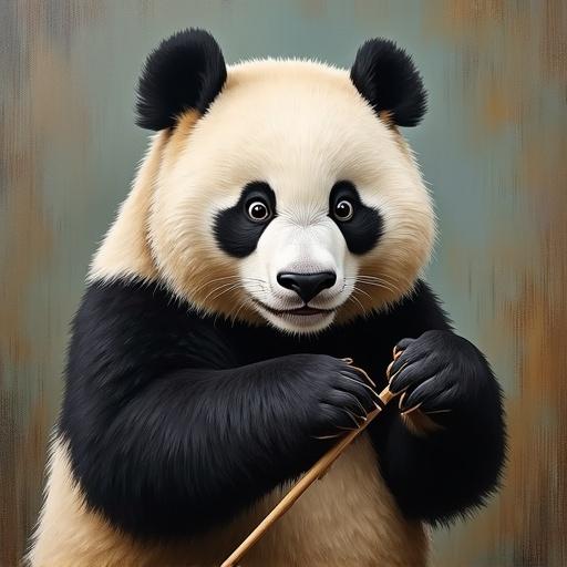 A painting featuring a panda holding a bamboo stick. The panda has a surprised expression. The background is subtle and complements the panda.