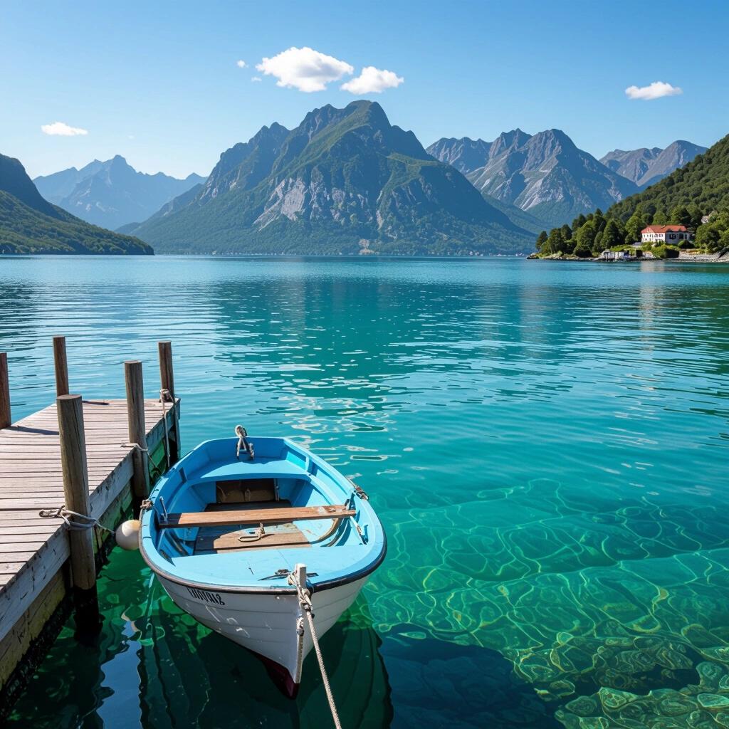 A small blue boat is docked at a wooden pier. Calm turquoise water reflects the mountains. Bright sunlight shines on the landscape. The view captures nature's serene beauty.