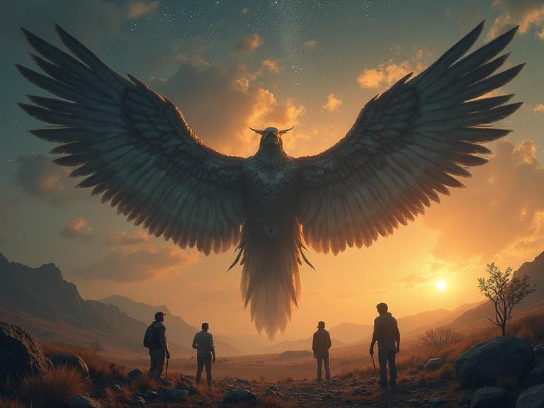 A creature with large wings in a sunset sky. Several figures gaze at it in a landscape setting. Emotional atmosphere. Adventure and mystery are felt.