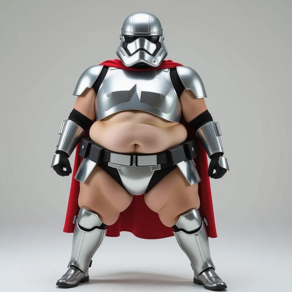 A humorous and chubby depiction of a female character inspired by Captain Phasma from Star Wars. The character is wearing minimal armor with metal pads strapped across her plump body, featuring extra chubby thighs. She poses stoically, creating a playful contrast with the traditional armor appearance.