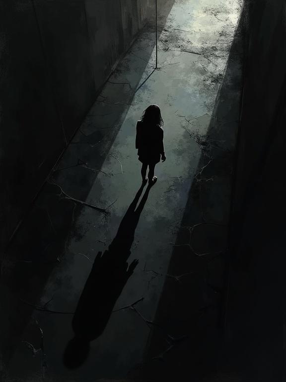 Dark abstract illustration featuring woman's silhouette in top right. She faces her stretching shadow. Black background with rough brush strokes. Incomplete illustration with rough texture. Extreme top down perspective shows reflective floor cracking and revealing darkness.