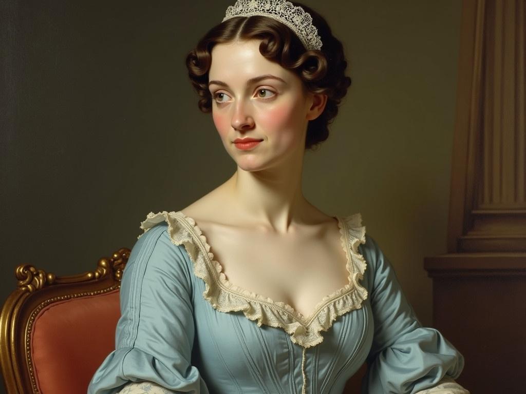 The image depicts a historic portrait of a woman seated elegantly. She wears a light blue dress with a ruffled neckline, which conveys a sense of sophistication and grace. Her hair is styled neatly, adorned with a delicate lace headpiece. The background is muted, allowing the focus to remain on her figure. Her expression appears serene, reflecting poise and dignity. The details in the fabric of her clothing and the intricate design of her headpiece suggest a certain era of fashion. The portrait is rich in texture and color, typical of classic artistic styles.