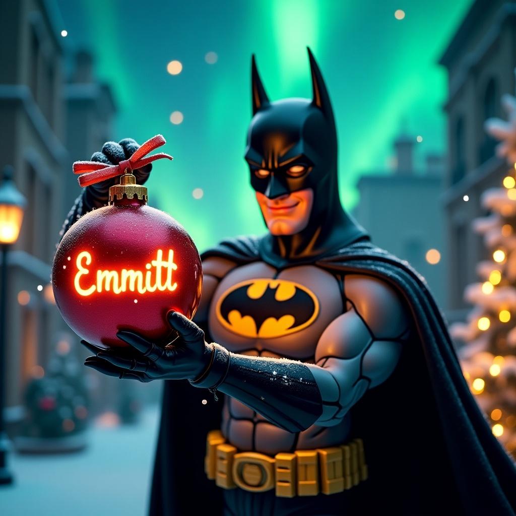 An enchanting Christmas scene featuring Batman, who is holding a magical ornament. The ornament glows with the name 'Emmitt' written in a bright script. The background showcases vibrant northern lights, creating a magical ambiance. This festive portrayal radiates the spirit of Christmas with a whimsical twist. Elements like snow and decorated trees enhance the holiday feel. It's a captivating blend of superhero charm and holiday cheer, perfect for the season.