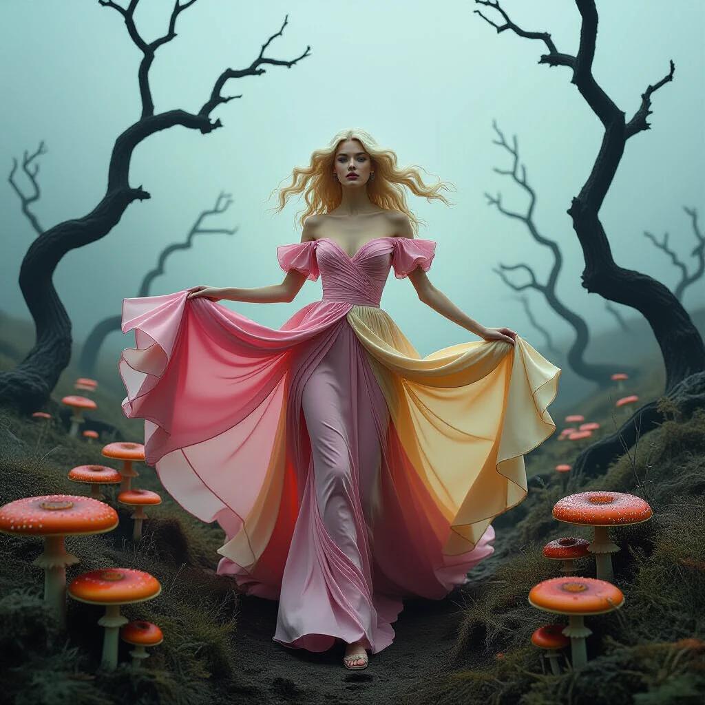 A surreal landscape features a striking figure in a flowing gown. The scene has dark twisted trees and vibrant red mushrooms. The model has wispy blonde hair and embodies grace. Her dress is in pink and soft yellow, billowing around her. The background contrasts with her form, showcasing barren branches against a pale backdrop. The composition is filled with mystery and enchantment.