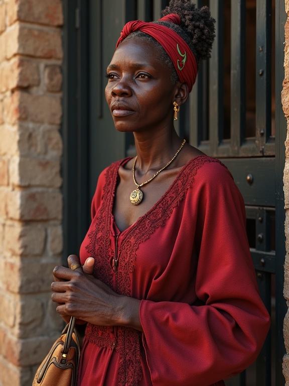 A stout African woman with tribal marks and a head tie is standing by a gate. She is wearing a deep red lace blouse and double wrapper. Her face has a stern but traditional expression. She is clutching her bag with wary eyes. The scene features vibrant colors and soft lighting, depicting a realistic character design.