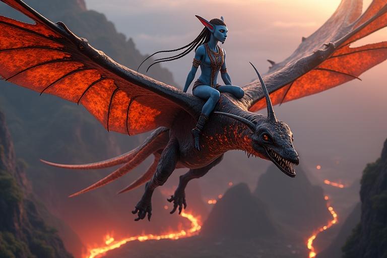 A Na'vi female named Kaari rides a massive creature called Toruk in a sky filled with dusk tones. The beast exhibits fiery colors and fierce features, flying above a lava river cutting through jungle ruins. Kaari's blue skin glows subtly while she maintains a proud presence, her attire shimmering in the light.