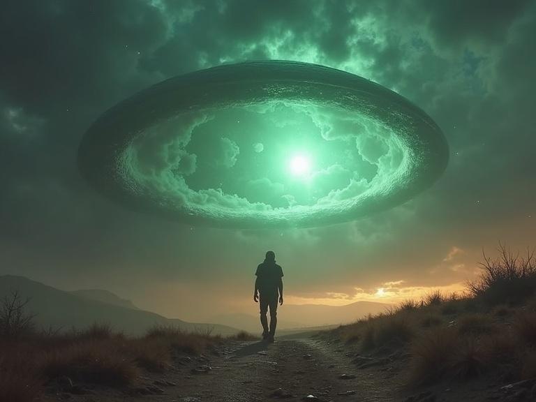A solitary human on a hostile alien planet surrounded by unknown creatures. Alien sky with a large ring structure. Desperate search for shelter.
