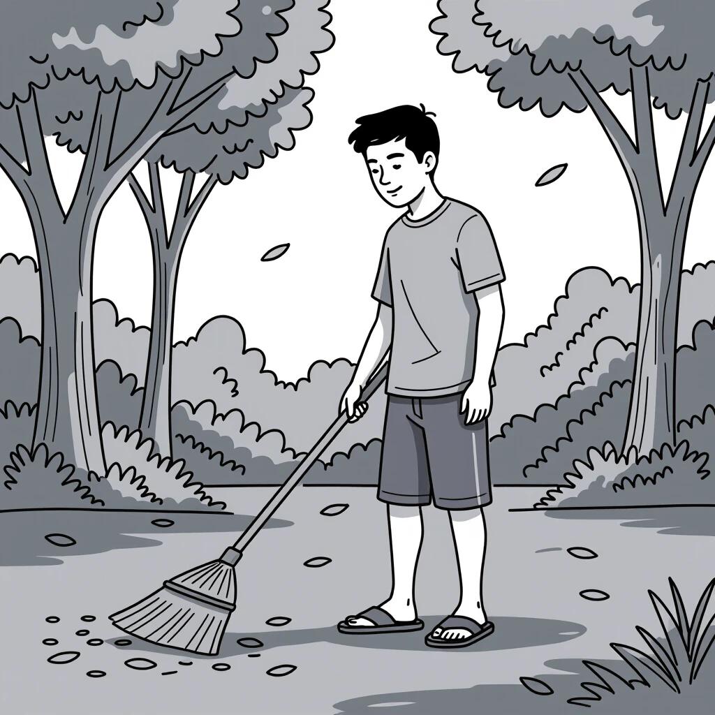A young man from the Philippines wears casual clothing and slippers. He is sweeping the ground with a broom. Trees fill the background with leaves scattered on the ground. The style is a simple line drawing.
