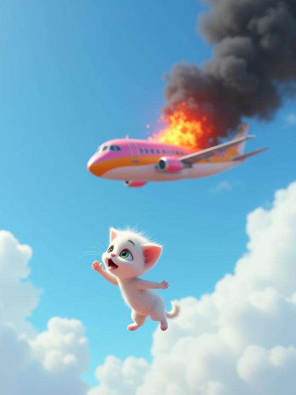 3D render of a kitten falling from the sky. Kitten has soft white fur and humanoid features. Kitten is in panic, limbs splayed and eyes wide. Background has a burning airplane with orange flames and black smoke. Bright blue sky with clouds.