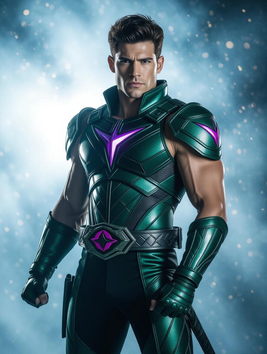 Heroic character emanates confidence. Dressed in a Kamen Rider inspired costume. Design reflects magic and historical themes. Poses heroically against a mystical background. High-contrast cinematic style.