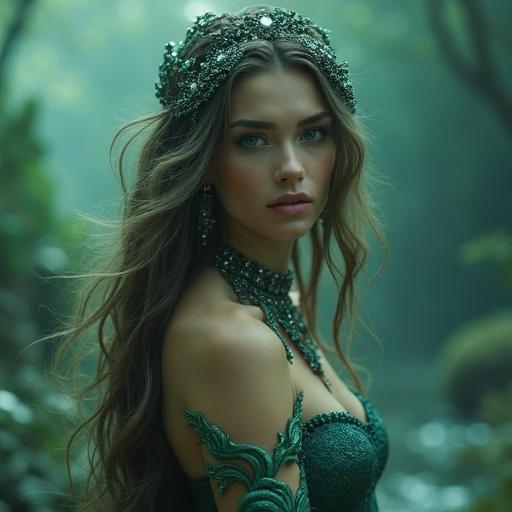 Beautiful mermaid with intricate jewelry. Long hair and teal costume. Mystical scene with green tones and soft lighting.