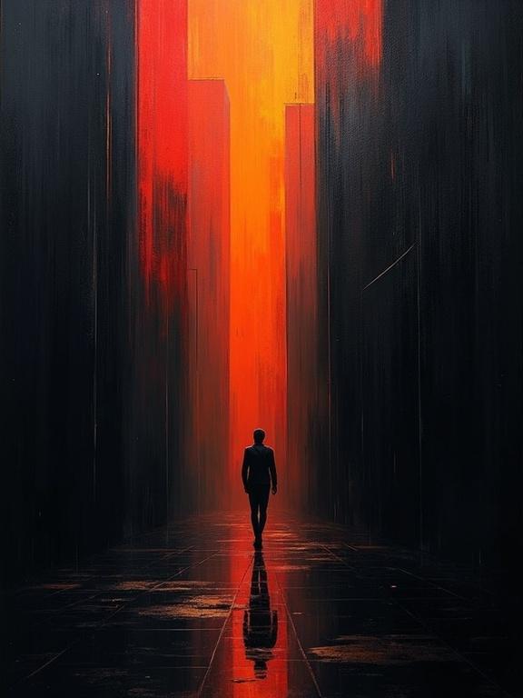 Digital oil painting featuring a silhouette in a narrow pathway. Background glows with red and orange tones. Harsh paint strokes and minimalist design create a dramatic atmosphere. Dark surroundings suggest depth and mystery.