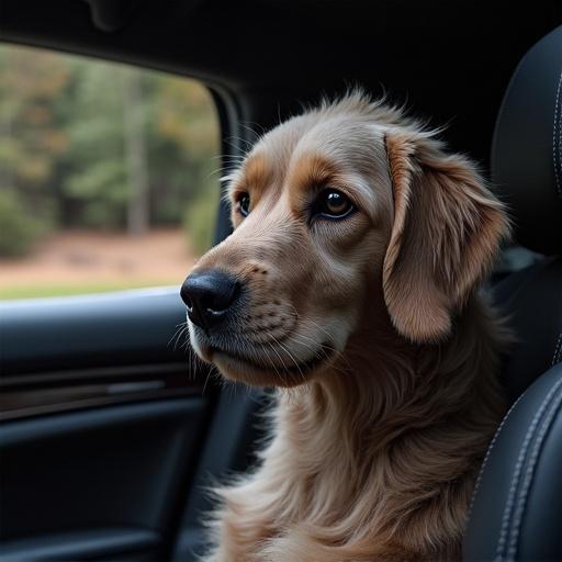 Spinone Italiano dog with smooth dark brown fur and grey spots sitting on the backseat of a black Porsche Panamera.