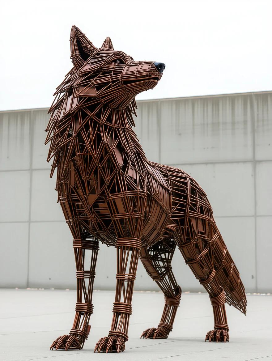 A life-sized wolf sculpture made from twisted steel wire. Wolf stands in a powerful stance with head tilted. Copper accents applied to the structure. Individual wire strands create fur texture through twist patterns. Set against an industrial urban backdrop. Inspired by wire drawing and intricate detailing. Contemporary figurative sculpture trending in art networks.