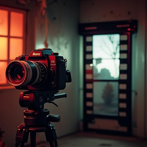 Camera on a tripod in a dimly lit room with a film strip background. Warm colors enhance the atmosphere. Photography theme is prominent with an artistic feel.