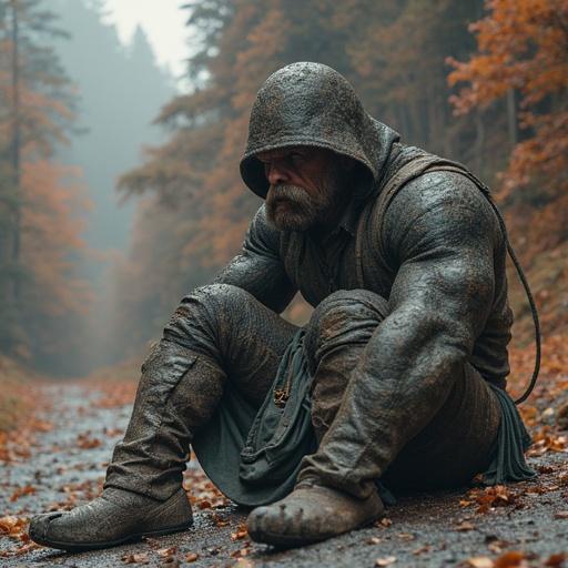 A muscular man in a hooded cloak sits on a forest path. The background shows trees with autumn leaves. Soft light illuminates the scene.