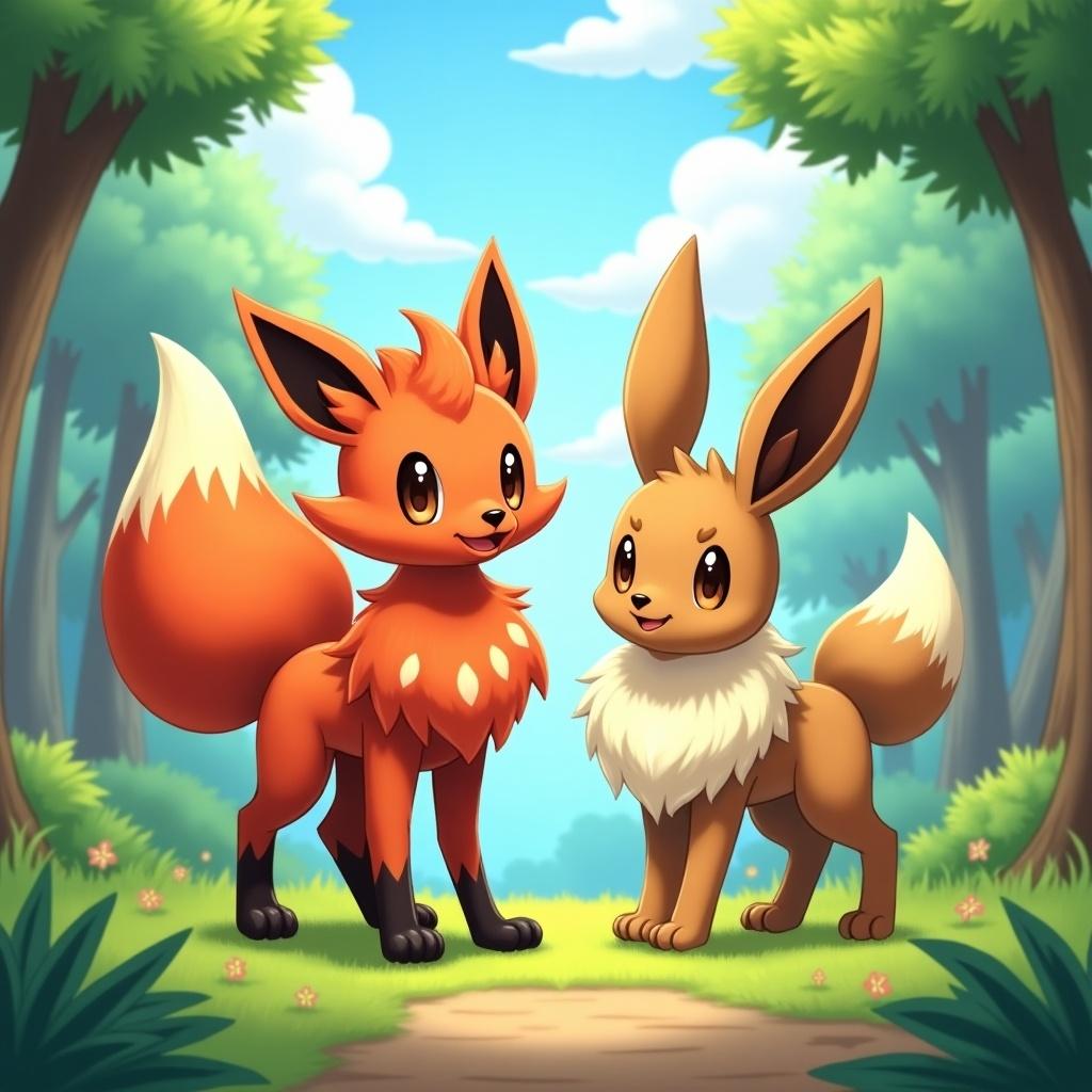 Vibrant forest setting with two Pokémon characters. Vulpix characterized by small quadruped figure. Red-brown pelt and six orange tails. Eevee features long pointed ears and primarily brown fur. Characters positioned in a friendly manner. Background includes sunny skies and lush greenery to enhance atmosphere.