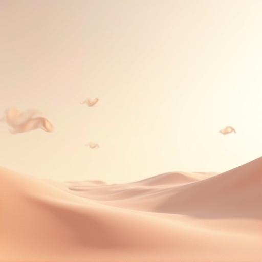 A minimal desert environment features smooth silk-like dunes. The sky glows in pastel light. Floating translucent cloth shapes resemble whispers. The scene evokes silence and balance. The colors are sand beige, off-white, dusty coral, warm cream. The render is ultra-clean and photorealistic, creating a calming atmosphere suitable for wall compositions.