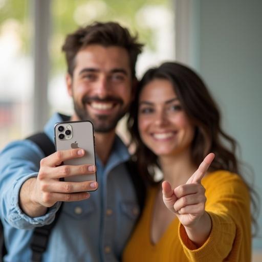 Couple holding smartphone and taking selfie. Both individuals are smiling and look joyful. One person points to the phone. Background is neutral.