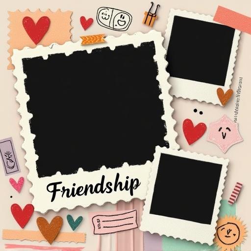 Square-format friendship-themed collage with whimsical style. Three black-background photo frames with postage stamp edges. Largest tilted rectangle in the center. Second rounded frame overlapping bottom right. Third vertical frame partially visible on top left. Black backgrounds show image placement. Decorated with hand-drawn hearts, smiling faces, paperclips, envelopes, Polaroids, washi tape. The word 'Friendship' integrated like a postal mark. Playful overlaps and cozy handmade atmosphere.