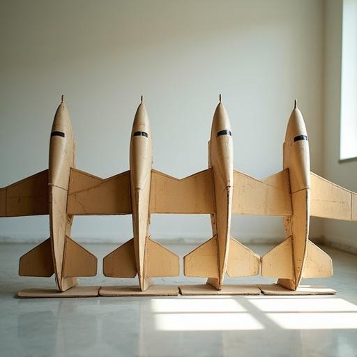 Scene illustrates childhood cancer. Four airplane construction kits arranged in a bright space. Three planes fully assembled, polished, and ready for flight. Fourth plane is dimly lit, dust-covered, and half-finished, representing abandonment.