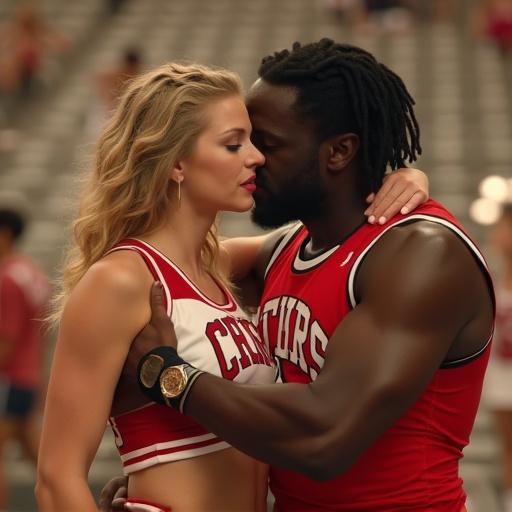 A couple in an affectionate embrace in a cheerleading setting. A young woman in a cheerleader costume and a larger man with dreadlocks behind her. The background is blurred showing a sports venue.
