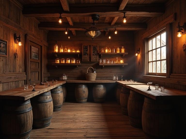 A rustic western saloon with dim lighting. Features wooden barrels arranged along the walls. Shelves above the barrels hold whiskey bottles and shot glasses. The interior looks warm and inviting with wooden tables and soft glowing lights.