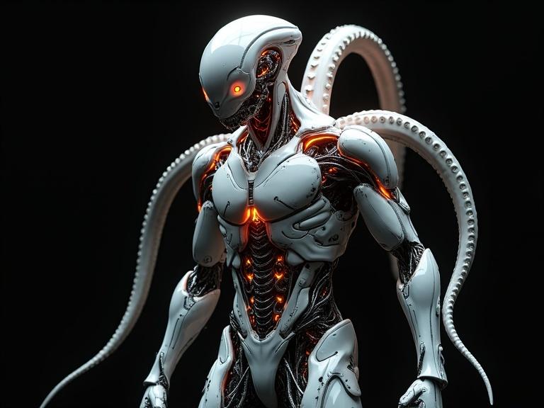 A biomechanical creature with multiple tentacles wearing a silver sleek exosuit. The suit has orange glowing lights and sharp mechanical parts. Dark background enhances the details and textures of the creature. The image has high dynamic range lighting.