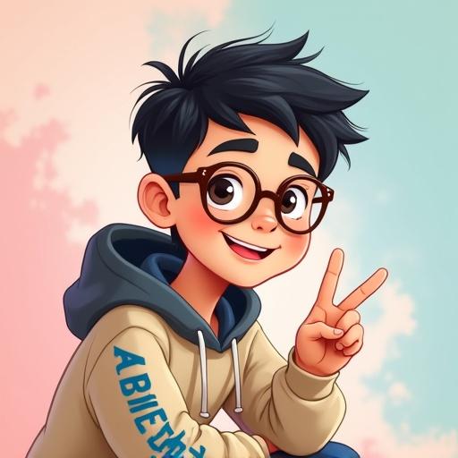 Cartoon-style portrait of a smiling young boy with short black hair and brown-rimmed eyeglasses. He wears a beige hoodie with a gray hood and blue writing saying Authentic. The boy makes a peace sign with his right hand. Detailed facial features include warm eyes and a natural smile. The background features a pastel gradient of pink and cyan with a brushed texture.