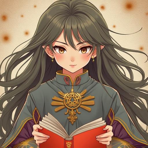 A male medieval astronomer sits at a table near a window. He appears to be 32 years old. He is holding an open book in both hands. He wears an ornate outfit with symbols of astronomy. His long hair flows down his shoulders.