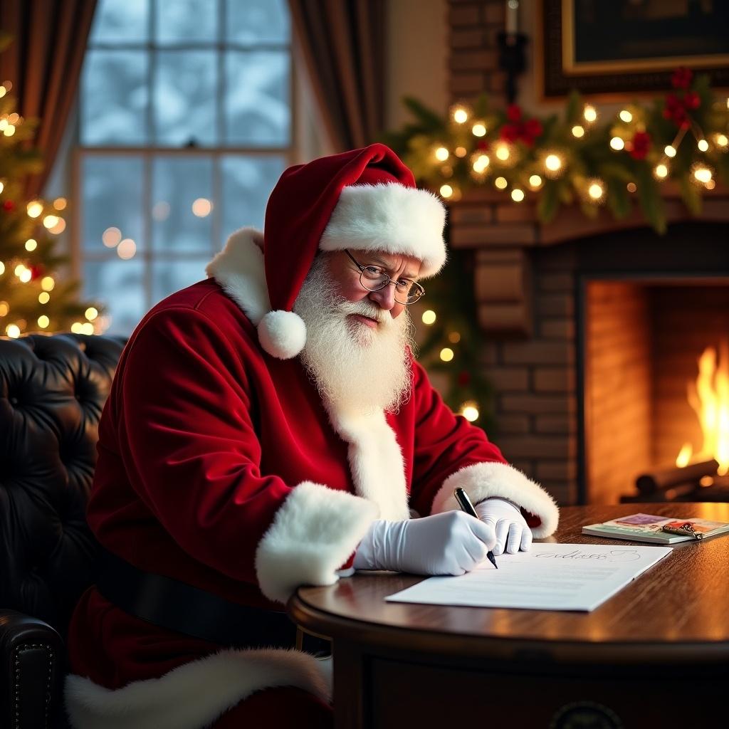 The image depicts Santa Claus sitting at a wooden desk, diligently writing a letter. He is dressed in a vivid red suit with white fur trim, complete with his matching hat. Behind him, there is a beautifully adorned fireplace, glowing warmly and surrounded by festive Christmas decorations. The room is illuminated softly with the gentle twinkles of holiday lights, and through the window, snowflakes are peacefully falling. Papers and a quill accompany him on the desk as he embodies the true spirit of Christmas, evoking feelings of joy and nostalgia.