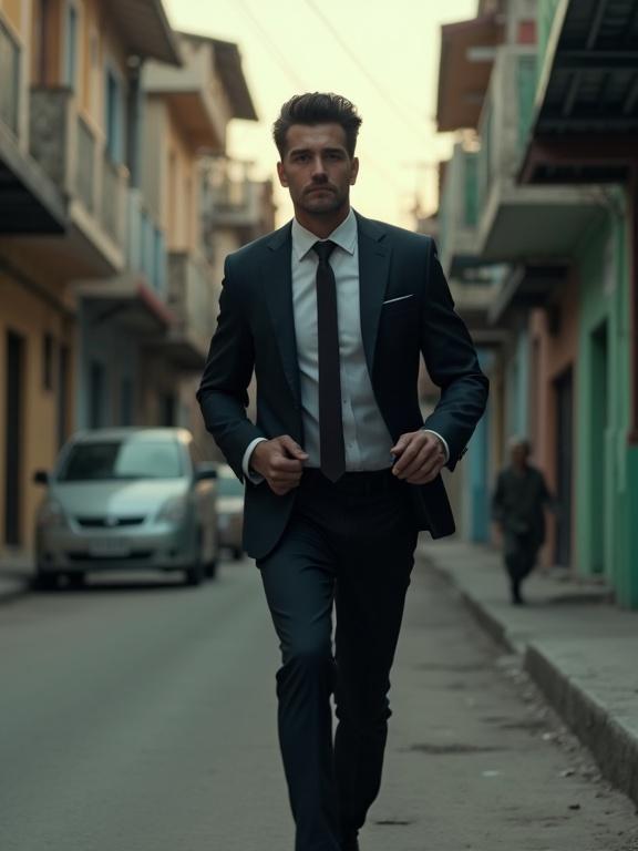 A photorealistic image of a handsome man with thick short waved hair dressed in a dark suit running in a hostile favela environment in Latin America. The scene captures the atmosphere of the urban setting.